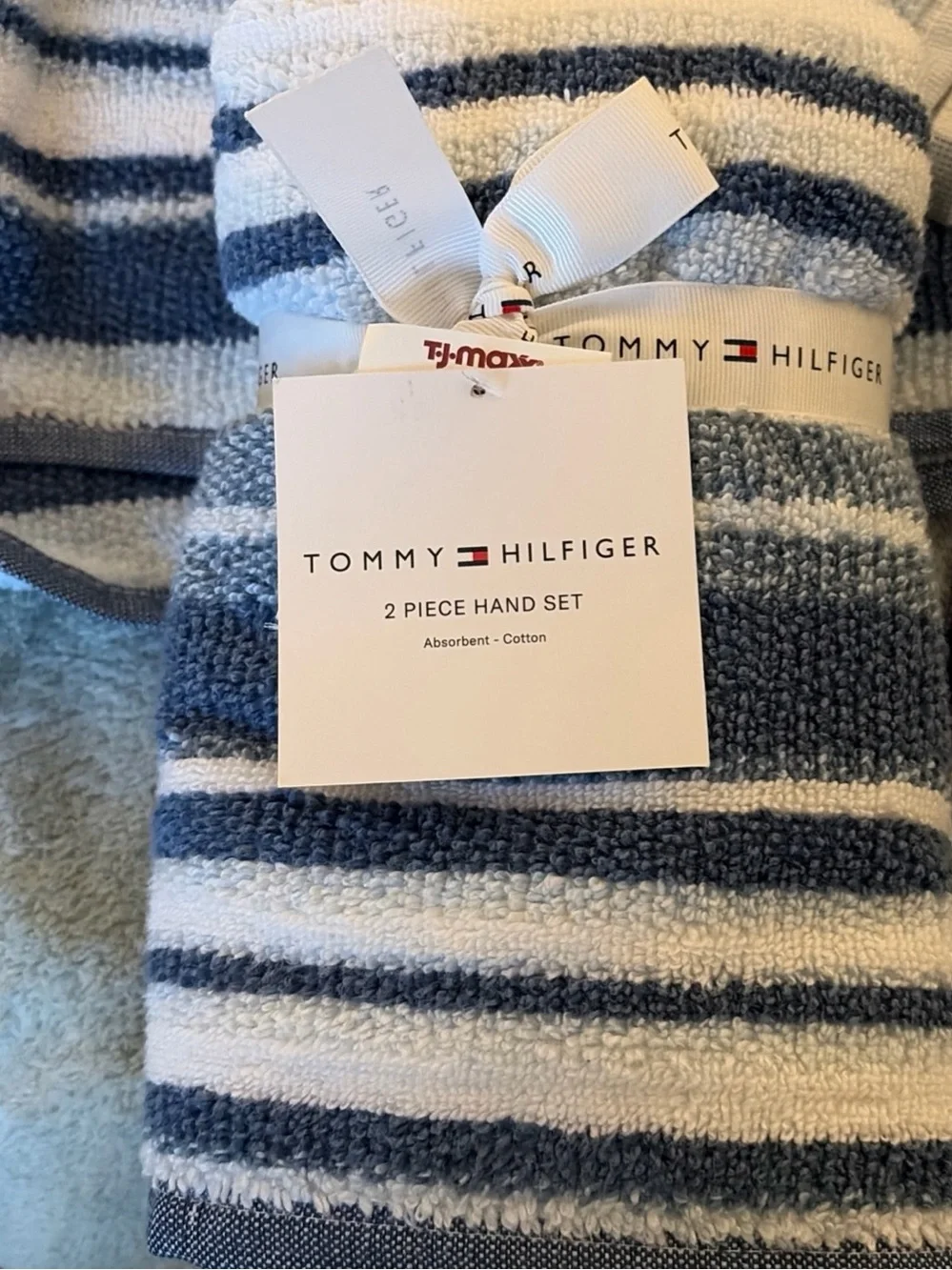 Tommy Hilfiger Navy Blue & White Striped 2-Piece Cotton Hand Towel Set